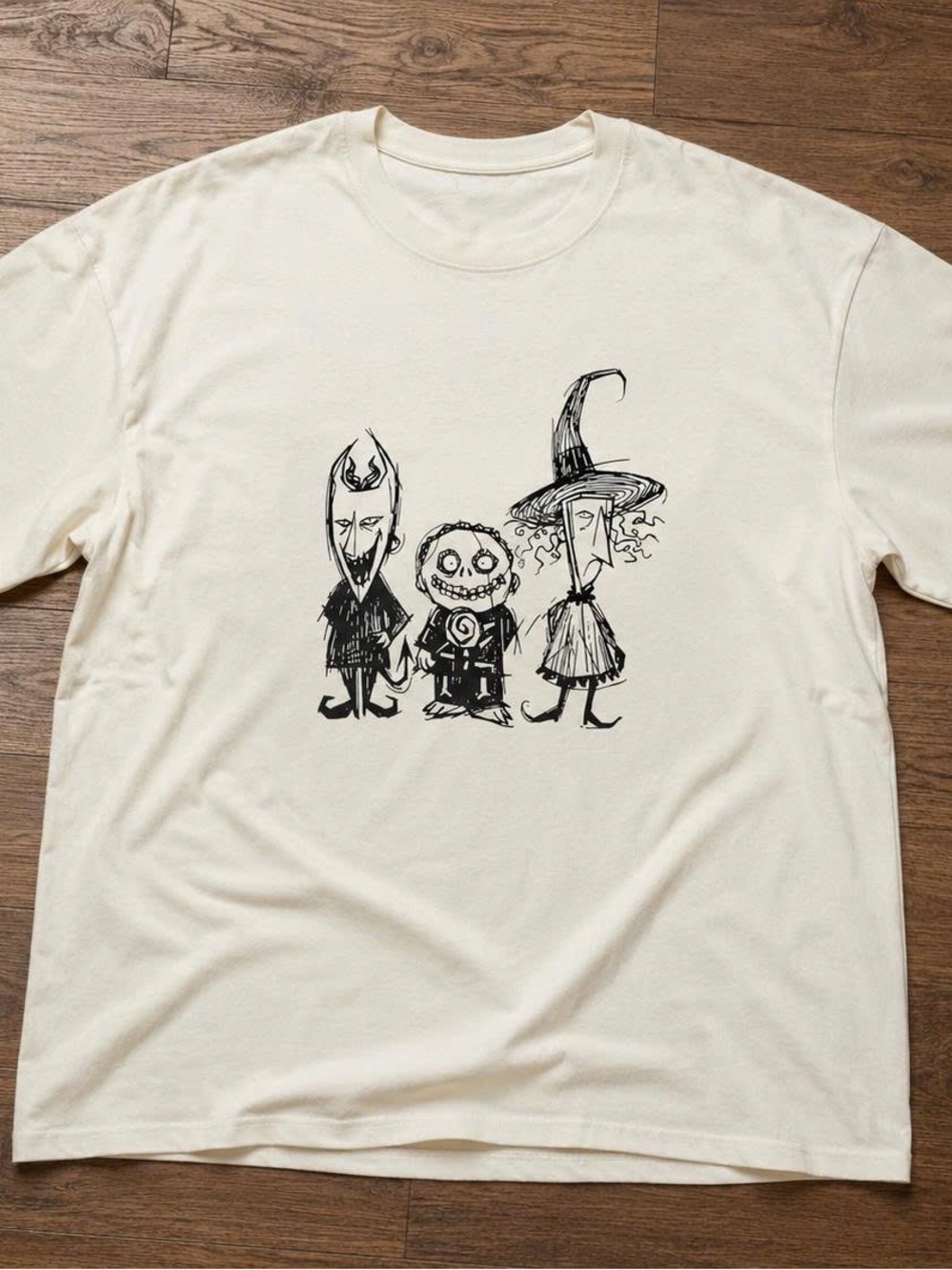 Cream Short Sleeve Tee with Black Halloween Character Print